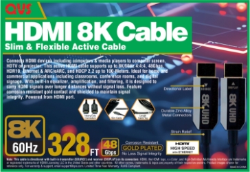 100-Meter Active HDMI UltraHD 8K/60Hz with Ethernet Cable HF8-100M 037229490442 Cable, Active HDMI 2.1, 48Gbps  ARC HDCP 2.3, 10M HF100M HF8-100M cables meter 8K/60Hz 4:4:4, HDR10, Built-in equalizer/amplification for best signal quality, HEAC, Corrosion resistant gold contact, Shielded cable for signal integrity