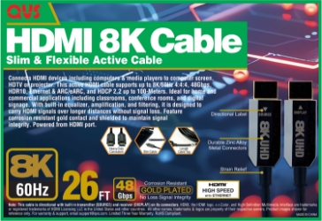 8-Meter Active HDMI UltraHD 8K/60Hz with Ethernet Cable HF8-8M 037229489644 Cable, Active HDMI 2.1, 48Gbps  ARC HDCP 2.3, 8-Meters 8-Meter 8Meter 8M 26.2ft  HF8M HF8-8M cables meter 8K/60Hz 4:4:4, HDR10, Built-in equalizer/amplification for best signal quality, HEAC, Corrosion resistant gold contact, Shielded cable for signal integrity