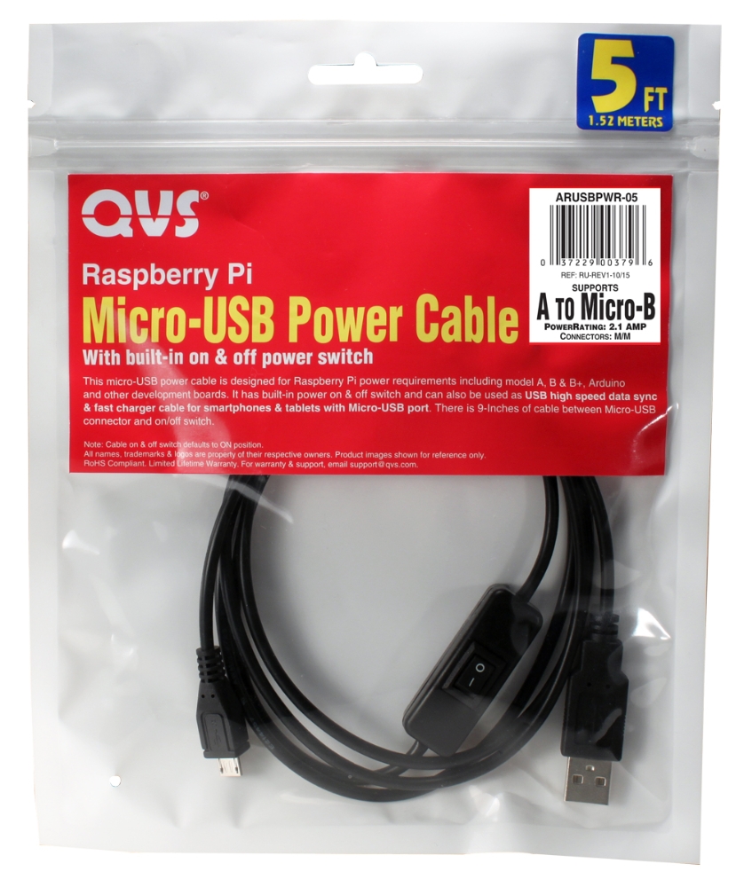 Raspberry Pi Micro Power Cable ARUSBPWR-05 - 5ft Micro-USB 2.1Amp Power Cable for Raspberry Pi B+ with ...